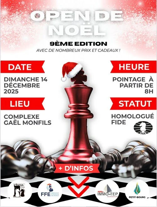Affiche officielle du tournoi d’échecs Open de Noël 2025 organisé à Petit-Bourg
